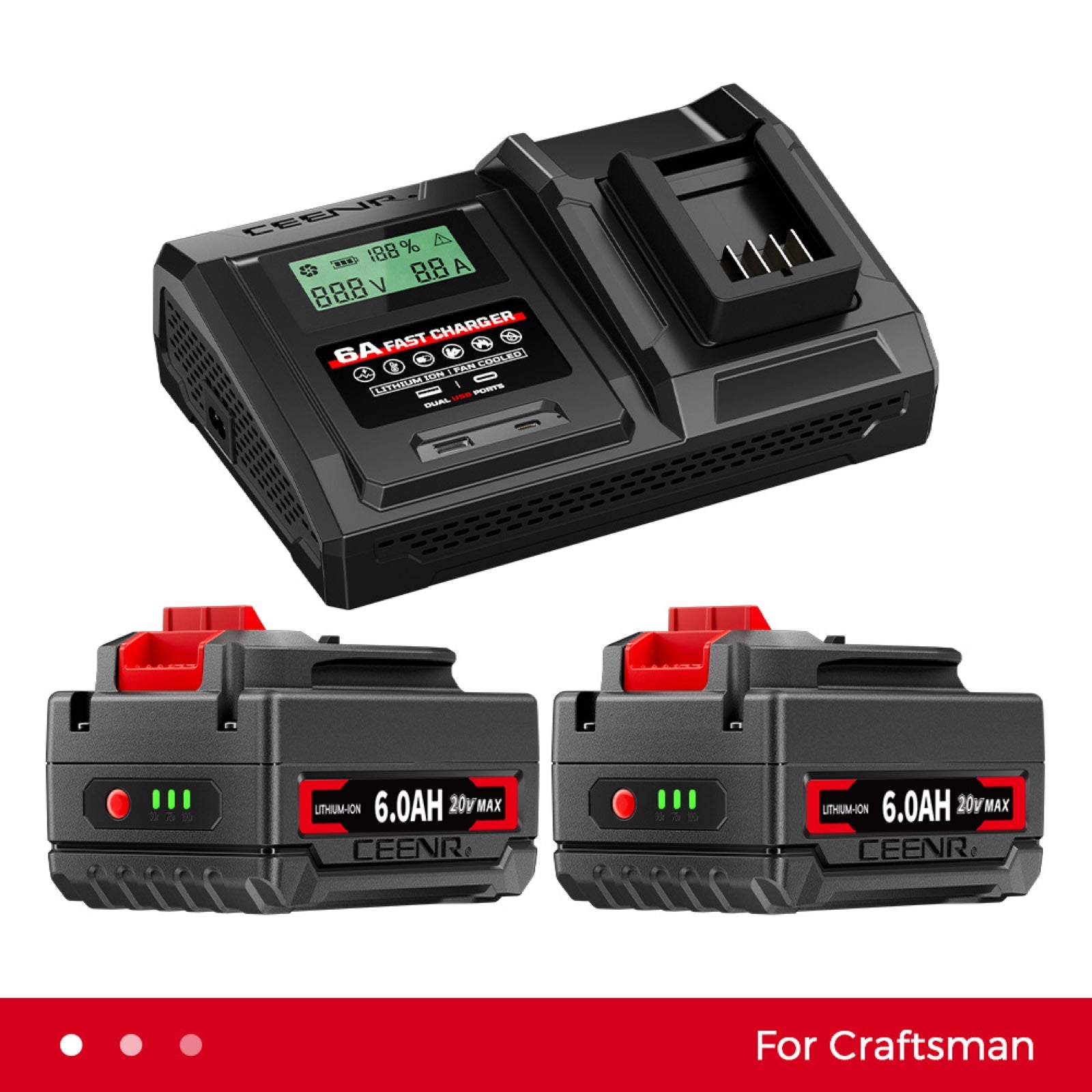 6 Amp Fast Charger for Craftsman 20V Max Lithium-Ion Battery Pack