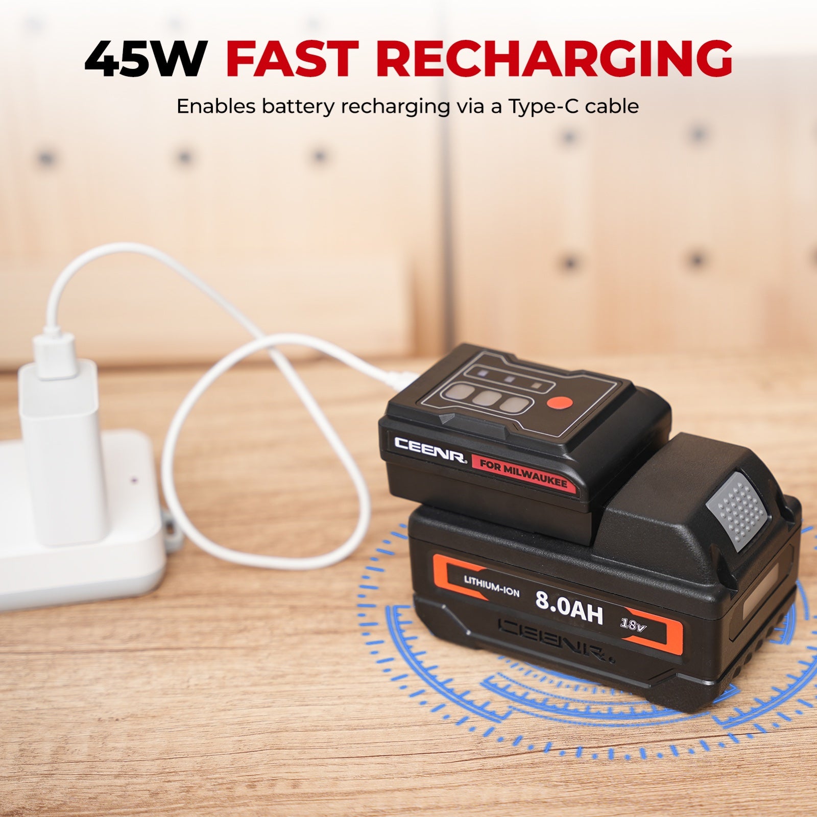 CEENR 45W USB-C Power Bank Adapter for Milwaukee 18V Batteries